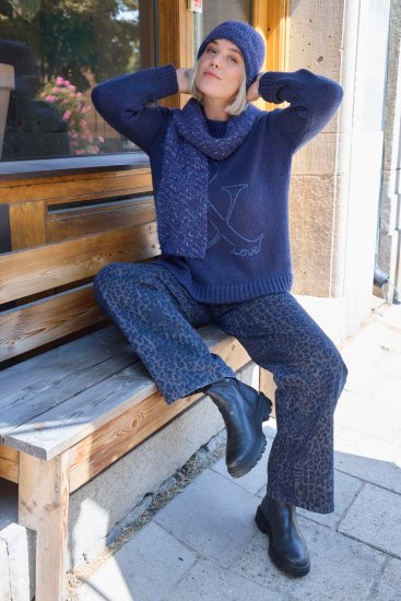 Ulla Popken Textured Glitter Embroidery Oversized Sweater Ink Blue - Collegetröjor & hoodies - 