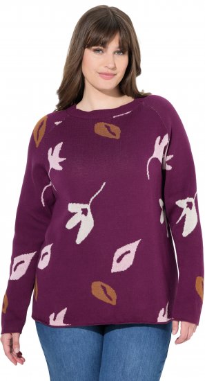 Ulla Popken Eco Cotton Leaf Pattern Long Sleeve Sweater Forest Berry - Collegetröjor & hoodies - 