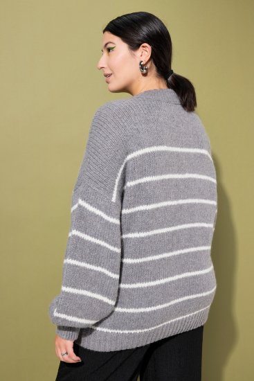 Ulla Popken Oversized Striped Balloon Sleeve Sweater Grey Melange - Collegetröjor & hoodies - 