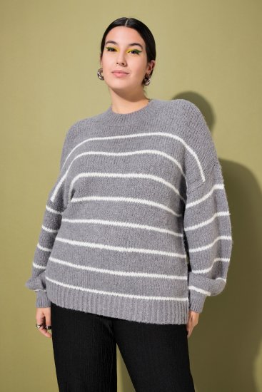 Ulla Popken Oversized Striped Balloon Sleeve Sweater Grey Melange - Collegetröjor & hoodies - 