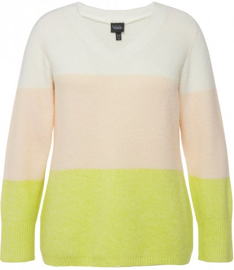 Ulla Popken Block Stripe Long Sleeve V-Neck Sweater Lime Green - Collegetröjor & hoodies - 