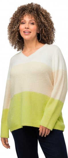 Ulla Popken Block Stripe Long Sleeve V-Neck Sweater Lime Green - Collegetröjor & hoodies - 