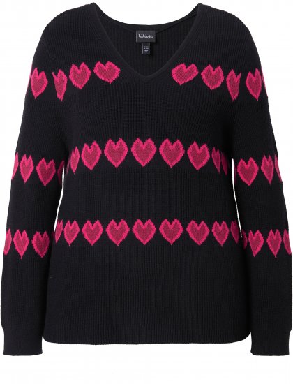 Ulla Popken Heart Print Long Sleeve V-Neck Sweater Black - Collegetröjor & hoodies - 