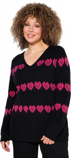 Ulla Popken Heart Print Long Sleeve V-Neck Sweater Black - Collegetröjor & hoodies - 