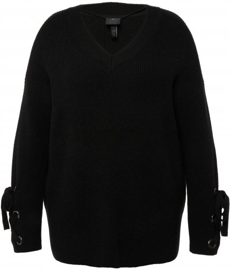 Ulla Popken Lace-Up Cuff Long Sleeve V-Neck Sweater Black - Collegetröjor & hoodies - 