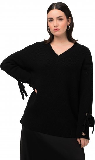 Ulla Popken Lace-Up Cuff Long Sleeve V-Neck Sweater Black - Collegetröjor & hoodies - 