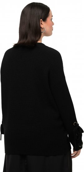 Ulla Popken Lace-Up Cuff Long Sleeve V-Neck Sweater Black - Collegetröjor & hoodies - 