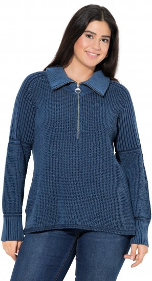 Ulla Popken Two-Tone Mixed Knit Troyer Collar Sweater Navy - Collegetröjor & hoodies - 