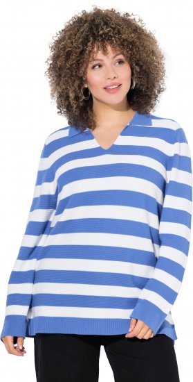 Ulla Popken Striped Polo Collar Long Sleeve Sweater Aegean Blue - Collegetröjor & hoodies - 