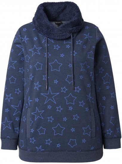 Ulla Popken Teddy Collar Printed Sweatshirt Navy - Collegetröjor & hoodies - 