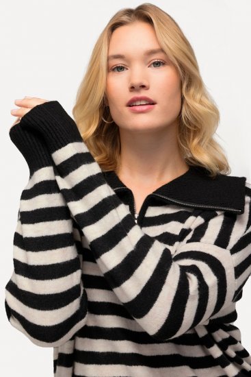 Ulla Popken Striped Troyer Collar Sweater Black - Collegetröjor & hoodies - Mjuka tröjor och hoodies i stora storlekar