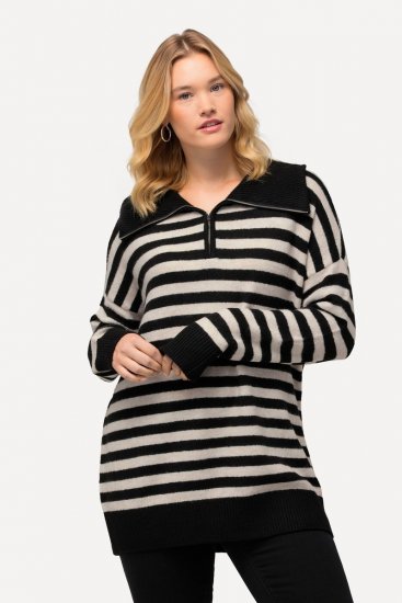 Ulla Popken Striped Troyer Collar Sweater Black - Collegetröjor & hoodies - Mjuka tröjor och hoodies i stora storlekar
