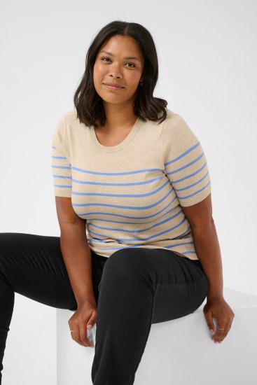 Kaffe Curve Lizzy Randig tröja Beige/Blå - Tryckta T-shirts för dam i stora storlekar - 