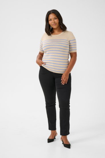 Kaffe Curve Lizzy Randig tröja Beige/Blå - Tryckta T-shirts för dam i stora storlekar - 