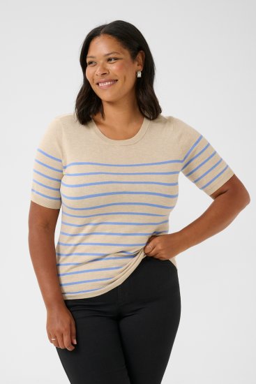 Kaffe Curve Lizzy Randig tröja Beige/Blå - Tryckta T-shirts för dam i stora storlekar - 