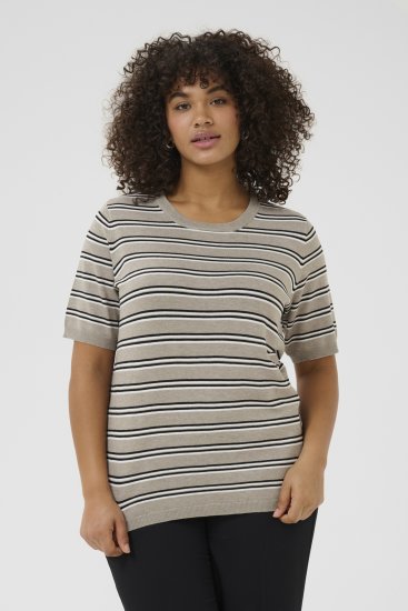 Kaffe Curve Lizzy Randig tröja Beige/Svart - Tryckta T-shirts för dam i stora storlekar - 
