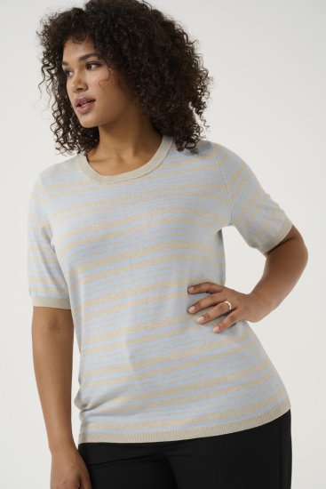 Kaffe Curve Lizzy Randig tröja Beige/Mjuk blå - Tryckta T-shirts för dam i stora storlekar - 