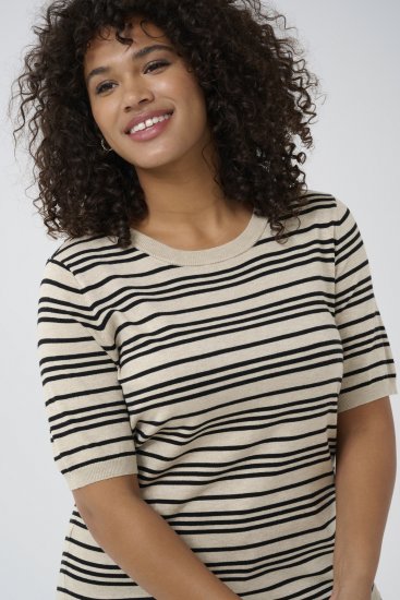 Kaffe Curve Lizzy Randig tröja Beige/Svart randig - Tryckta T-shirts för dam i stora storlekar - 