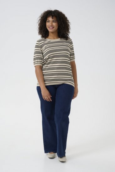 Kaffe Curve Lizzy Randig tröja Beige/Svart randig - Tryckta T-shirts för dam i stora storlekar - 