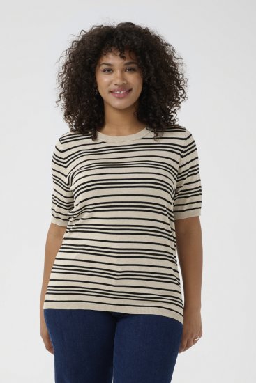 Kaffe Curve Lizzy Randig tröja Beige/Svart randig - Tryckta T-shirts för dam i stora storlekar - 