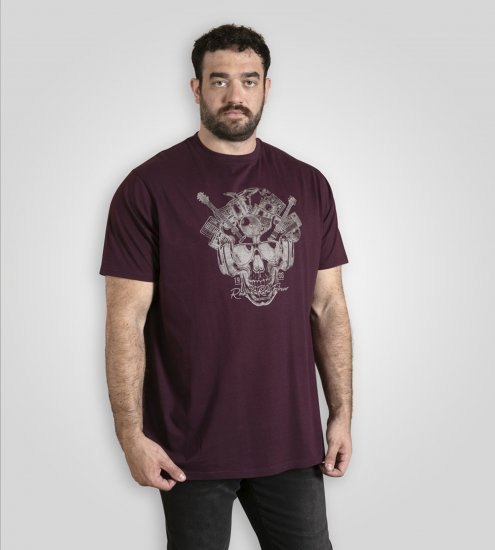 D555 Grimsby Rock n' Roll Skull Printed T-Shirt Burgundy - T-shirts med tryck i stora storlekar - T-shirts med tryck i stora storlekar