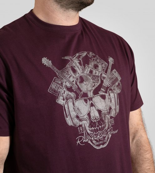 D555 Grimsby Rock n' Roll Skull Printed T-Shirt Burgundy - T-shirts med tryck i stora storlekar - T-shirts med tryck i stora storlekar