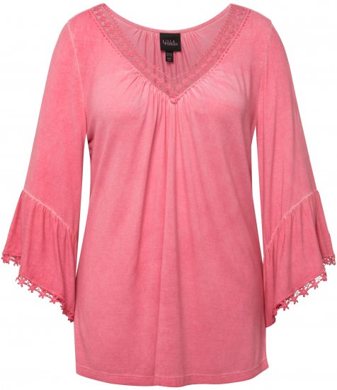 Ulla Popken Trumpet Sleeve Cold Dyed Tee Dark Pink - Tryckta T-shirts för dam i stora storlekar - 