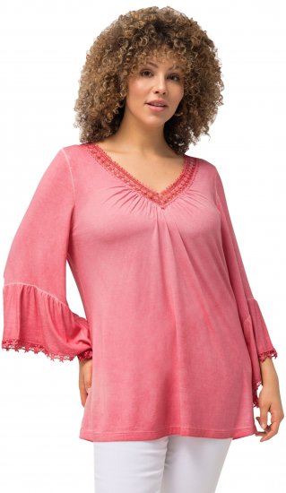 Ulla Popken Trumpet Sleeve Cold Dyed Tee Dark Pink - Tryckta T-shirts för dam i stora storlekar - 