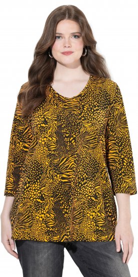 Ulla Popken Animal Print 3/4 Sleeve V-Neck Tee Neon Orange - T-shirts - 