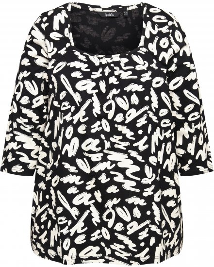 Ulla Popken Scribble Print Square Neck 3/4 Sleeve Tee Black - Tryckta T-shirts för dam i stora storlekar - 