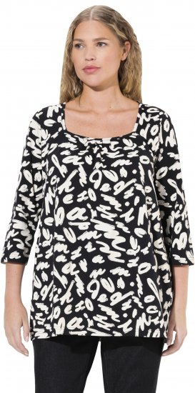 Ulla Popken Scribble Print Square Neck 3/4 Sleeve Tee Black - Tryckta T-shirts för dam i stora storlekar - 