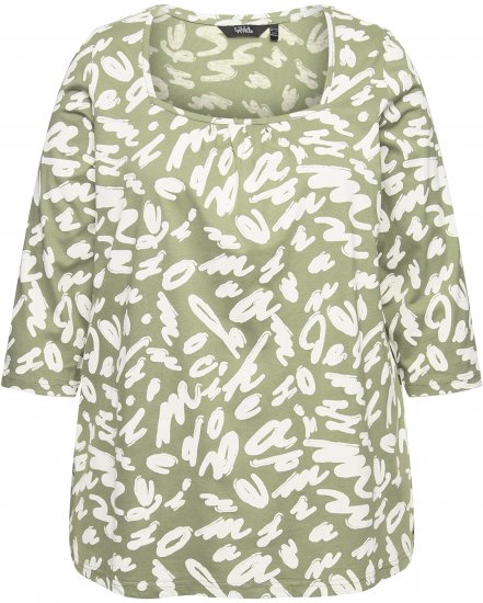 Ulla Popken Scribble Print Square Neck 3/4 Sleeve Tee Sage Green - Tryckta T-shirts för dam i stora storlekar - 
