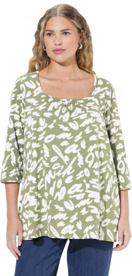 Ulla Popken Scribble Print Square Neck 3/4 Sleeve Tee Sage Green - Tryckta T-shirts för dam i stora storlekar - 