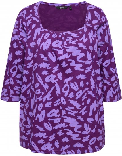 Ulla Popken Scribble Print Square Neck 3/4 Sleeve Tee Violet - Tryckta T-shirts för dam i stora storlekar - 