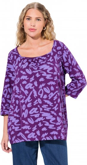 Ulla Popken Scribble Print Square Neck 3/4 Sleeve Tee Violet - Tryckta T-shirts för dam i stora storlekar - 