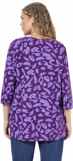 Ulla Popken Scribble Print Square Neck 3/4 Sleeve Tee Violet - Tryckta T-shirts för dam i stora storlekar - 