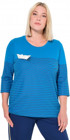 Ulla Popken Paper Boat Print 3/4 Sleeve Tee Pacific Blue - Tryckta T-shirts för dam i stora storlekar - 