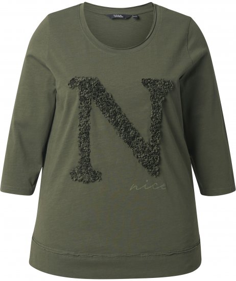 Ulla Popken Textured Lettering 3/4 Sleeve Tee Olive - Tryckta T-shirts för dam i stora storlekar - 