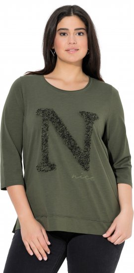 Ulla Popken Textured Lettering 3/4 Sleeve Tee Olive - Tryckta T-shirts för dam i stora storlekar - 