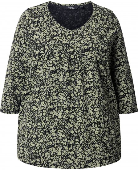 Ulla Popken Pleated Floral Print 3/4 Sleeve Tee Pond Green - Tryckta T-shirts för dam i stora storlekar - 