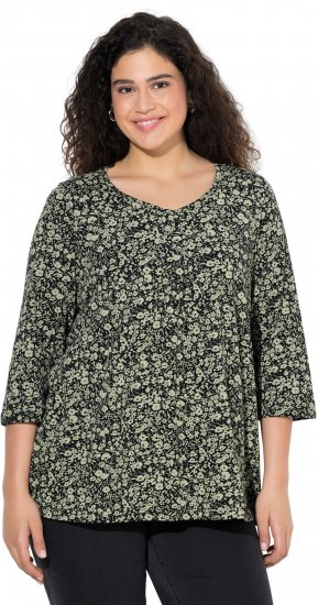 Ulla Popken Pleated Floral Print 3/4 Sleeve Tee Pond Green - Tryckta T-shirts för dam i stora storlekar - 