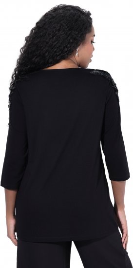 Ulla Popken Flower Epaulet 3/4 Sleeve Top Black - Tryckta T-shirts för dam i stora storlekar - 