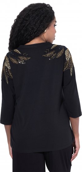 Ulla Popken Feather Beadwork 3/4 Sleeve Top Black - Tryckta T-shirts för dam i stora storlekar - 