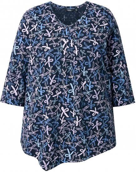 Ulla Popken Ribbon Print 3/4 Sleeve Asymmetric Tee Navy - Tryckta T-shirts för dam i stora storlekar - 