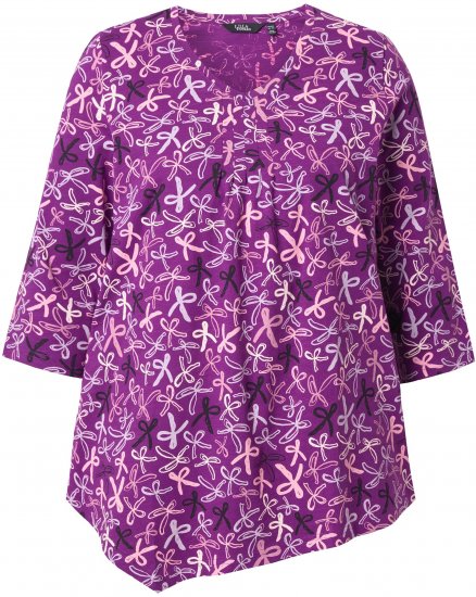 Ulla Popken Ribbon Print 3/4 Sleeve Asymmetric Tee Light Plum - Tryckta T-shirts för dam i stora storlekar - 