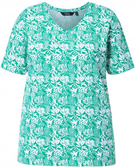 Ulla Popken Coral Reef Printed Short Sleeve V-Neck Tee Emerald - Tryckta T-shirts för dam i stora storlekar - 
