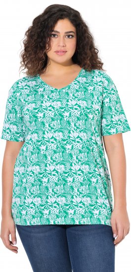 Ulla Popken Coral Reef Printed Short Sleeve V-Neck Tee Emerald - Tryckta T-shirts för dam i stora storlekar - 