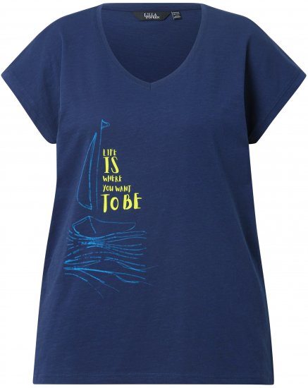 Ulla Popken Half-Sleeve A-line V-Neck Boat Pattern T-Shirt Ink Blue - Tryckta T-shirts för dam i stora storlekar - 