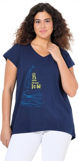 Ulla Popken Half-Sleeve A-line V-Neck Boat Pattern T-Shirt Ink Blue - Tryckta T-shirts för dam i stora storlekar - 