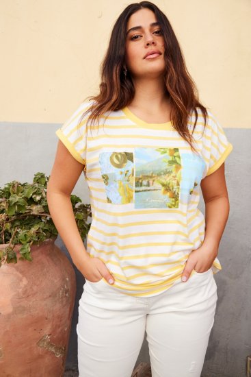 Ulla Popken Striped Short Sleeve Citrus Graphic Tee Sun Yellow - Tryckta T-shirts för dam i stora storlekar - 